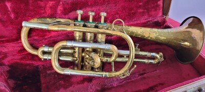 Antique Besson Cornet Brevete 50 Medals of Honour England with Case Parts Decor
