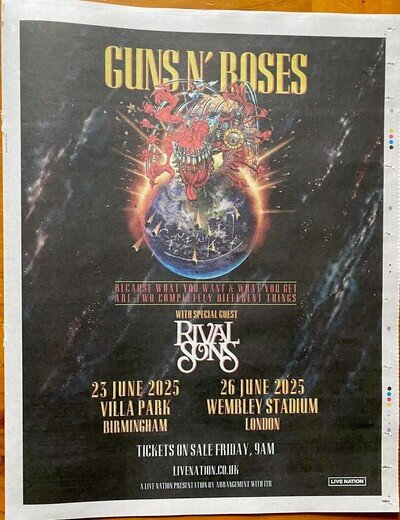 Guns N Roses Tour Dates Advert 2025 Newspaper Ad Poster 14x11” ROLLED IN TUBE