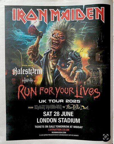 Iron Maiden Live Tour Date LDN Stadium 2025 Newspaper Advert Poster 14x11 ROLLED