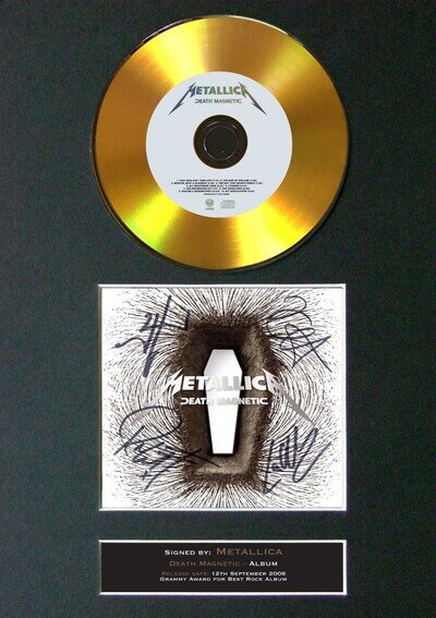 Metallica Death Magnetic Signed Gold Disc Mounted Framed Display Autograph Repro