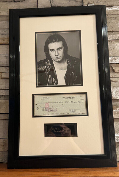Framed Bernie Taupin autograph for Elton John music memorabilia collector fans