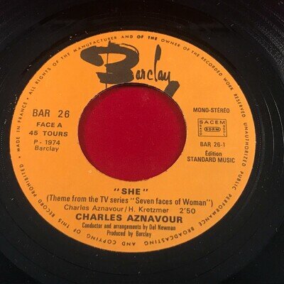 CHARLES AZNAVOUR She 1974 French issue 7" vinyl single Barclay 45 record
