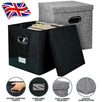 Vinyl Record Storage Box W-Lids Handles Stylish Practical Lp Record Organizer UK