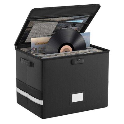 Vinyl Record Storage Box with Lock,Fireproof＆Waterproof Vinyl Storage Case for 1
