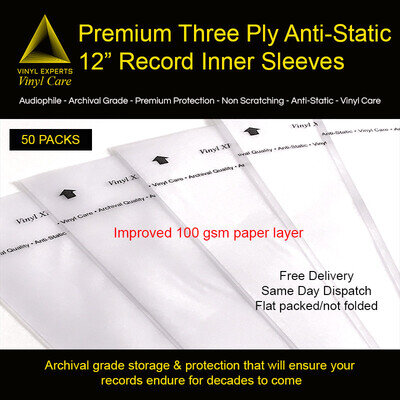 50 x Premium Three Ply Anti-Static 12" Vinyl Record Inner Sleeves - 100 gsm