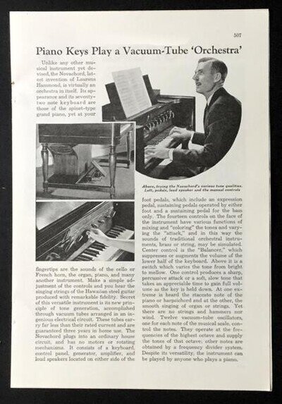Hammond Novachord 1939 Vacuum Tube powered Synthesizer original article