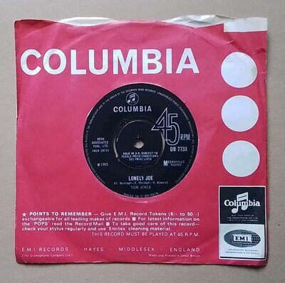 TOM JONES ORIGINAL VINYL SINGLE LONELY JOE COLUMBIA RECORDS 1965 EX,CONDITION