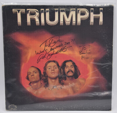Triumph 1976 LP vinyl Record Album Inscribed signed by Rick Emmett Mike Levine