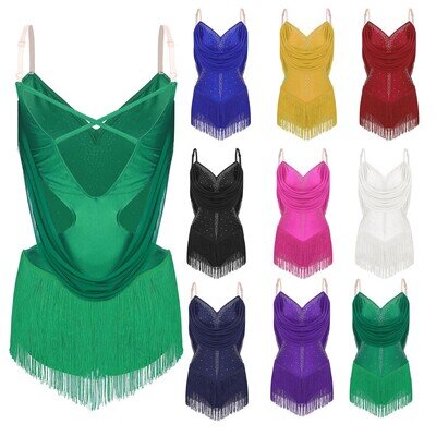 UK Women's Ruched Mesh Dance Leotard Tassels Samba Salsa Jazz Bodysuit Costume