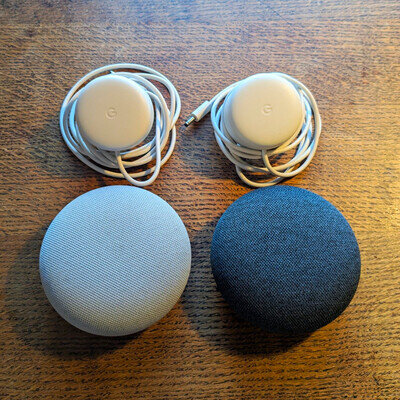Google Nest Mini (2nd Gen) Smart Speakers X2 in Chalk/Grey, Wall Mounted