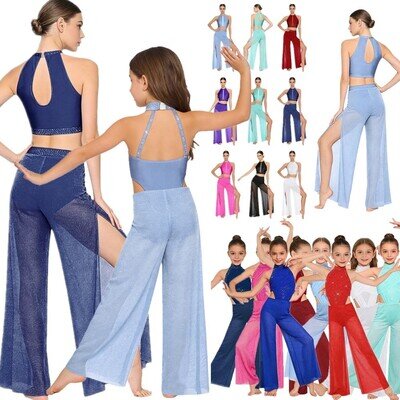 UK Women Girls Lyrical Dance Outfit Rhinestones Sleeveless Top and Wide Leg Pant
