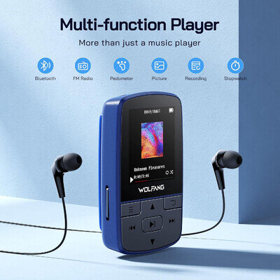 WOLFANG 64GB MP3 Players with Bluetooth 5.2, Sports Clip, Mini Size, Weigh 1 Oz,