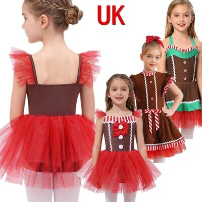 UK Girls Kids Gingerbread Man Costumes Christmas Tutu Dress Leotard Dancewear