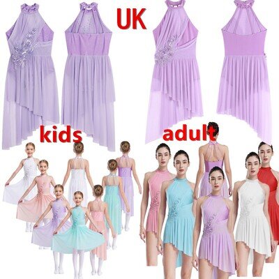 UK Women Girls Shiny Lyrical Dance Dress Ballet Leotard Ballroom Dancewear