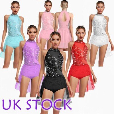 Women Shiny Lyrical Dance Costume Ballet Leotard Dress Figure Skating Dancewear