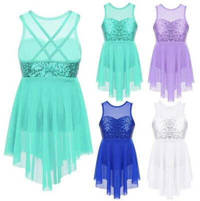 Girls Lyrical Ballet Dance Leotard Dress Kids Sequined Skating Dancewear Costume