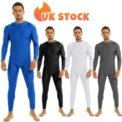 UK Men Zipper Bodysuit One Piece Full Unitard Jumpsuit Catsuit Costume Dancewear