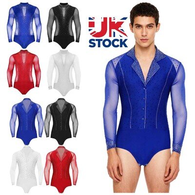 UK Mens Latin Dance Leotard Long Sleeve Ballroom Tango Jazz Bodysuit Jumpsuit