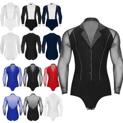 Men Shiny Rhinestones Latin Ballet Dance Shirt Leotard Ballroom Samba Salsa Top