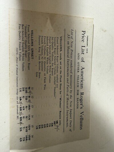 1916 American Rogers Vellums Banjo Price List Antique Musical Ephemera Music