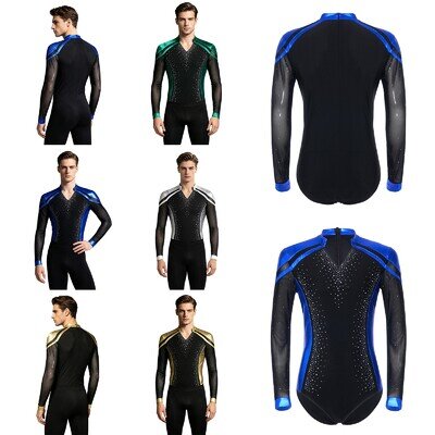 Men Bodysuit Ballet Figure Skating Training Dance Leotard Metallic Trim Latin