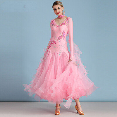 Women Dance Dress Waltz Classic Ballroom Dancewear Embroidery Ruffle Mesh Swing