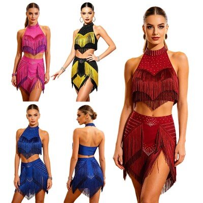 Women Fringe Latin Dance Outfit Ballroom Competition Dancewear Shiny Rhiestones