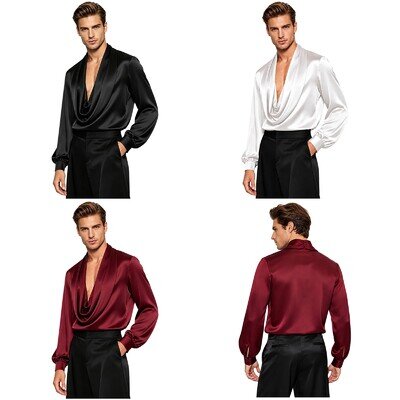 UK Men Latin Dance Leotard Draped Stylish Satin Shirt Luxurious Ballroom‑Wear