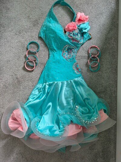 Women’s Sparkle Design Latin Dress In Aqua And Pink Size 8-10