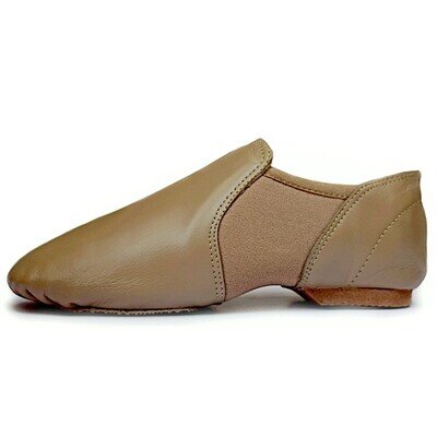 Slip On Jazz Dance shoes Girls, Tan Leather & Neoprene Split sole Rubber heel