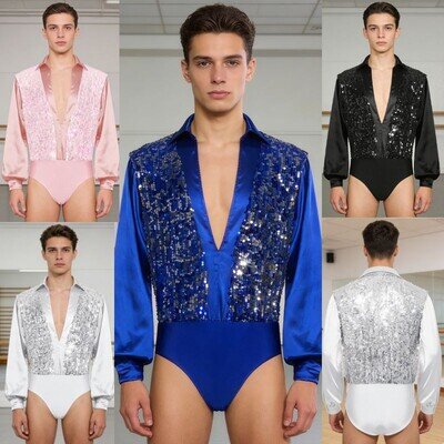 Men Latin Dance Shiny Sequin Leotard Shirt with Buttoned Crotch Samba Dancewear