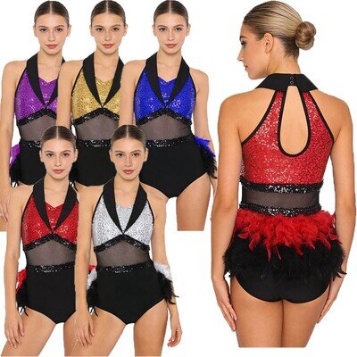 Women‘s Rumba Salsa Dance Leotard Shiny Sequin Bodysuit Tango Dance Costume