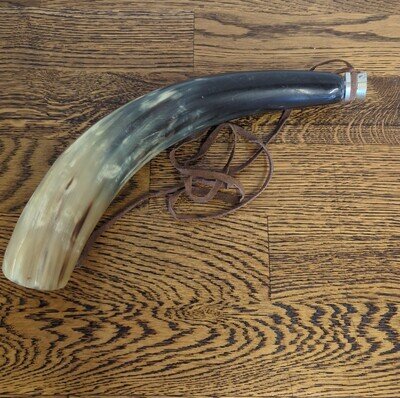 Vintage Genuine Animal Horn Musical Blowing Horn 12" Brass Trim Strap