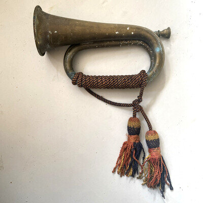 Vintage Brass and Copper Military Bugle with Mouthpiece, Cord and Tassels