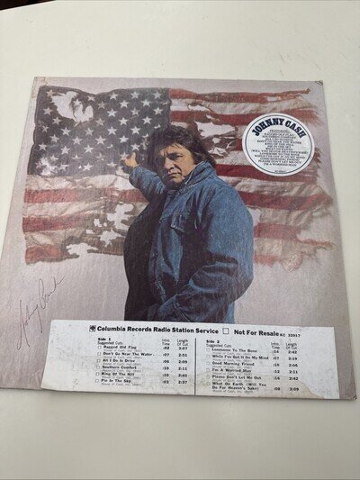 Signed Auto of Johnny Cash-Ragged Old Flag Vintage Vinyl LP 1974 Columbia Promo