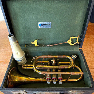 Barratts Vintage BbBrass Bell Cornet with Mouthpiece In Case (B.Barratt’s Label)
