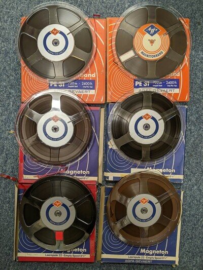 6x 8" AGFA reel to reel tapes plastic spools varying tape stock boxed - USED